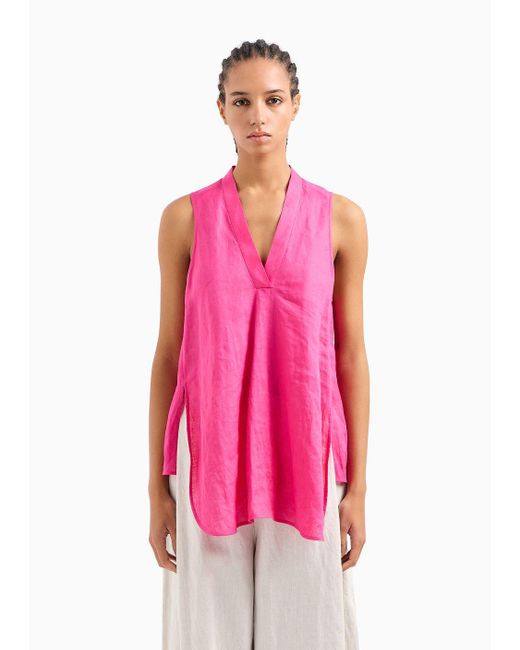 Emporio Armani Pink Oversized V-neck Top In Linen With Asymmetric Hem