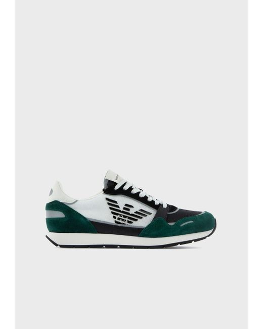 Emporio Armani Green Mesh Sneakers With Suede Details And Oversized Eagle for men