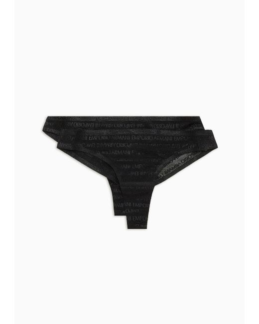 Emporio Armani Black Asv Two-pack Of Recycled Bonded Mesh Brazilian Briefs With All-over Lettering
