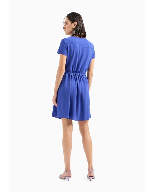 Emporio Armani Blue Armure Crêpe Short-sleeved Dress With Drawstring