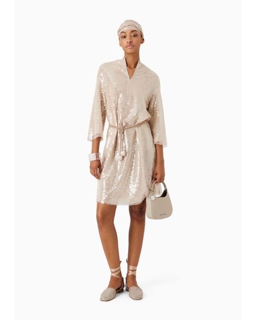 Emporio Armani Natural Midi Dress With All-over Sequins And Belt