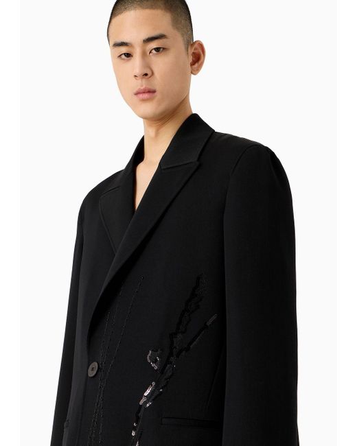 Emporio Armani Black Wool-gabardine Coat With Nature-themed Sequin Embroidery for men