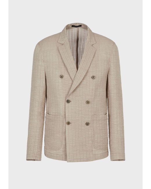 Emporio Armani Double-breasted Striped Seersucker Jacket in Natural for Men  | Lyst