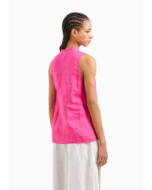 Emporio Armani Pink Oversized V-neck Top In Linen With Asymmetric Hem