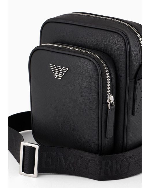 Emporio Armani Black Asv Regenerated Saffiano Leather Shoulder Bag With Eagle Plate for men