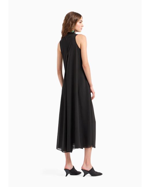 Emporio Armani Black Long Dress In Georgette With Guru Collar And Flared Lines