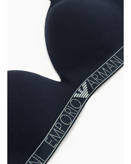 Emporio Armani Blue Asv Logo Padded Triangle Bra In Organic Cotton With Logo Studs
