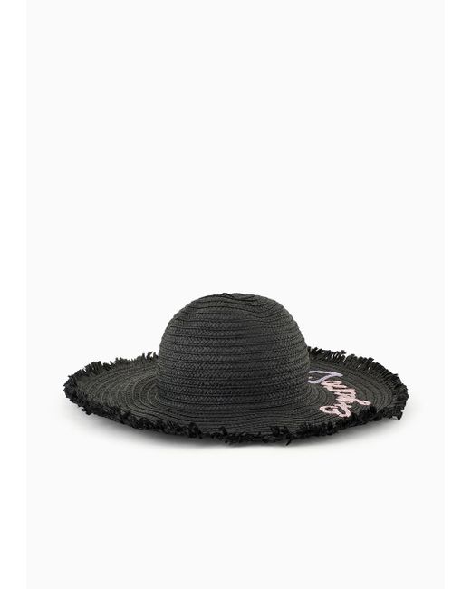 Cappello Beachwear Fedora In Papier Intrecciato Con Ricamo Logo di Emporio Armani in Black