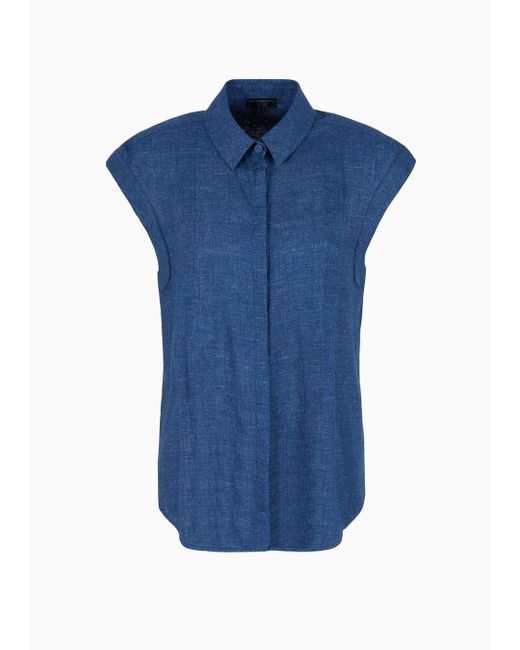 Emporio Armani Blue Icon Short-sleeved Shirt In Washed Linen