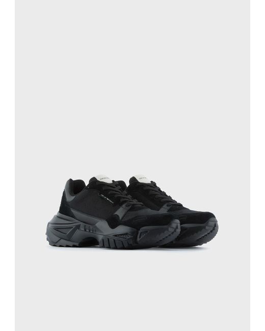 emporio armani leather sneakers with knit inserts