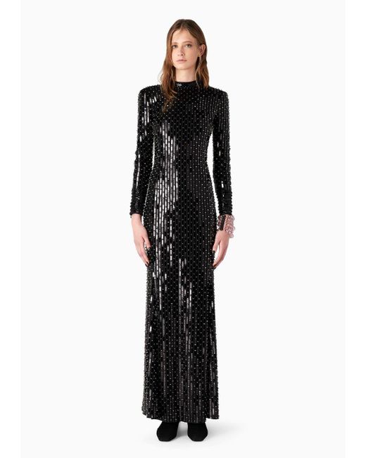 Giorgio Armani Black Embroidered-tulle Long Dress