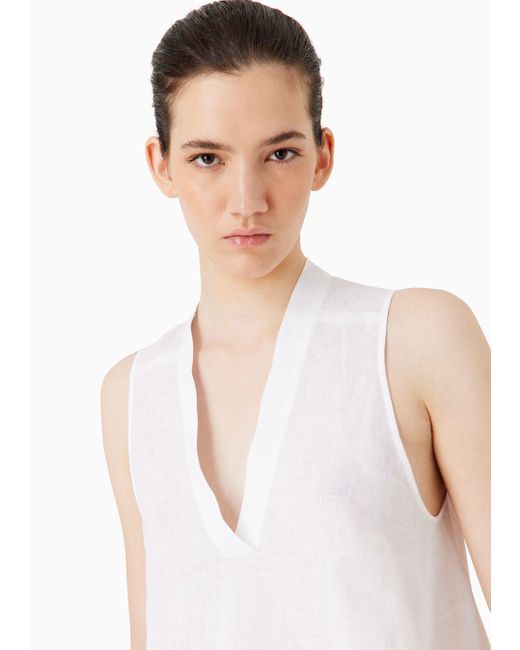 Emporio Armani White Oversized V-neck Top In Linen With Asymmetric Hem