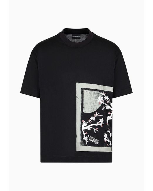 T-shirt In Jersey Misto Lyocell Con Ricamo E Stampa Oriente Asv di Emporio Armani in Black da Uomo