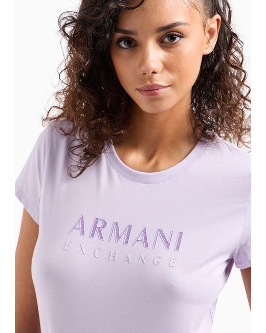 T-shirt Slim Fit In Cotone Organico Stretch Asv Con Logo Glitterato di Armani Exchange in Pink