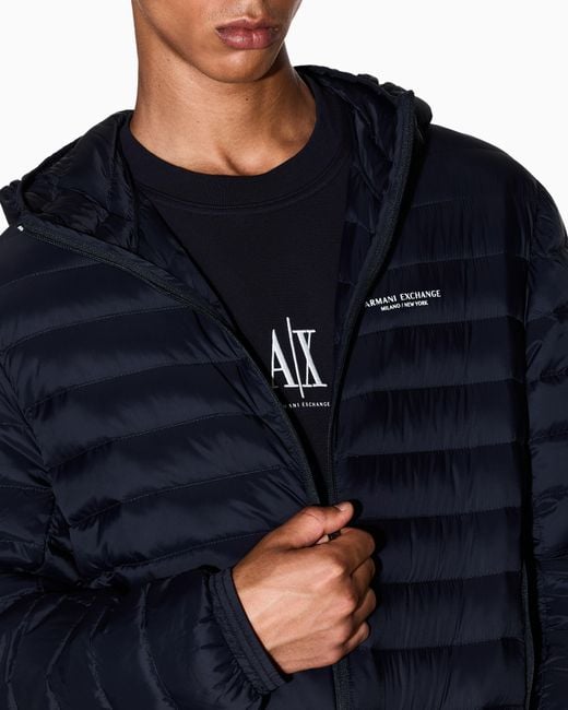 ARMANI EXCHANGE Blue Quilted Nylon Down Puffer Jacket With Hood Essential for men