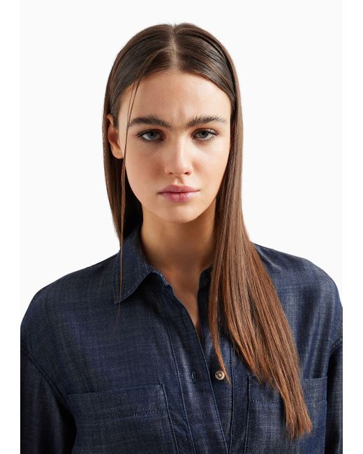 Armani Exchange Blue Chambray Denim Shirt With Wide Sleeves
