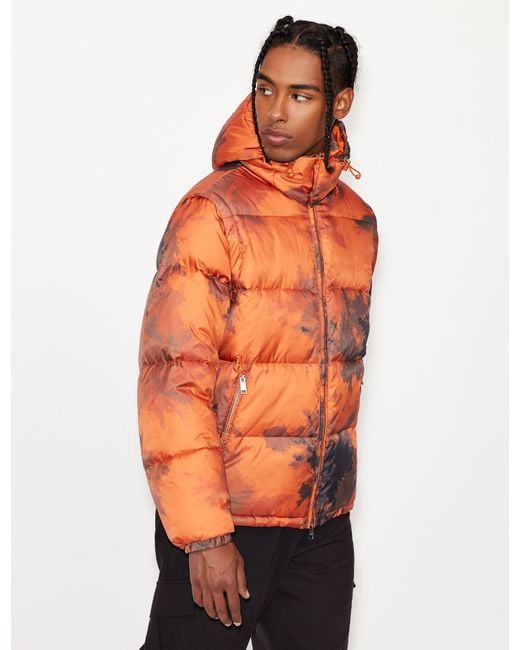 Armani Exchange Orange Recycled Nylon Camouflage Puffer Jacket for men