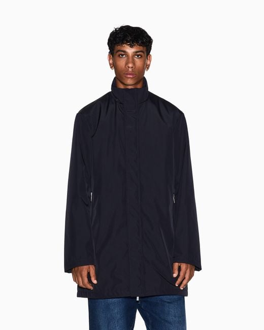 ARMANI EXCHANGE Blue Overcoat With A High Collar And Concealed Zipper Essential for men