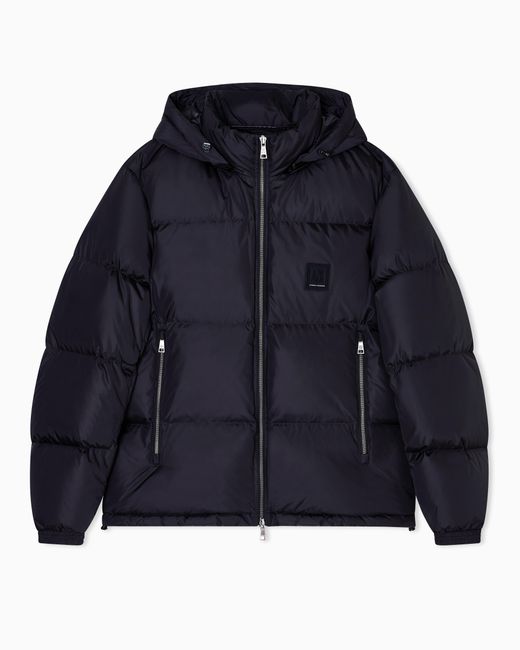 ARMANI EXCHANGE Blue Hooded Down Jacket With An Ultralight Quilted Design Icon for men