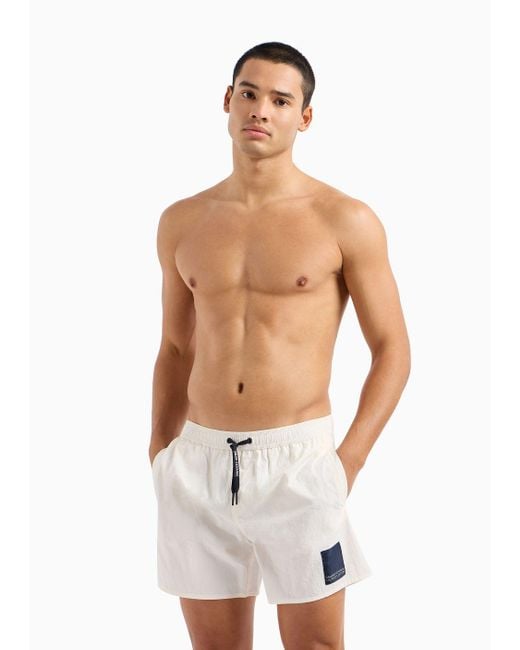Armani Exchange White Boxer Swimsuit With Logo Patch In Asv Fabric for men