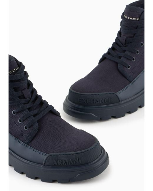 Armani Exchange Blue Cotton Canvas Combat Boots With Coated Rubber for men