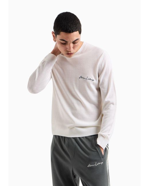 Armani Exchange White Crew-neck Sweater In Wool Blend With Logo On The Chest for men