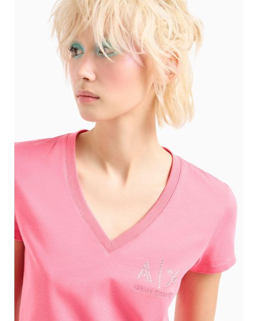 Armani Exchange Pink Slim-fit T-shirt With V-neck In Stretch Jersey