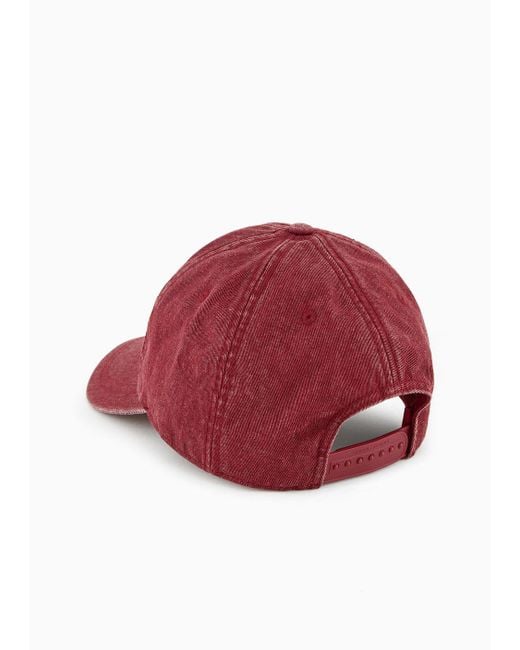 Armani Exchange Red Hat With Visor In Used Effect Denim for men