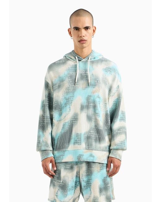 Armani Exchange Blue Hooded Sweatshirt In Stretch Camou Fabric for men