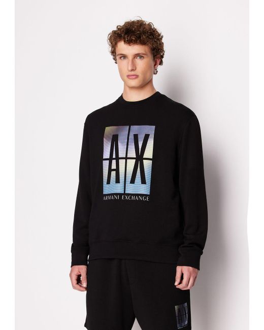 Armani Exchange Black Crew-neck Sweatshirt With Maxi A|x Photographic Print for men