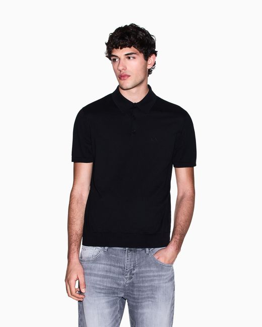 ARMANI EXCHANGE Black Regular Fit Cotton Polo Shirt With A Logo Essential for men
