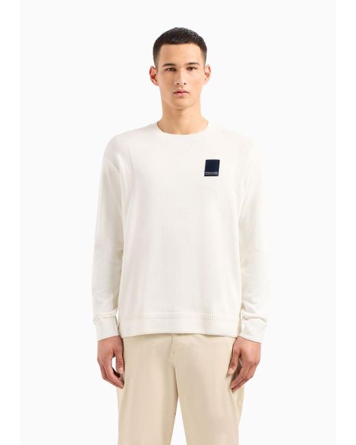 Armani Exchange White Asv Organic Cotton Crew-neck Sweater With Patch for men