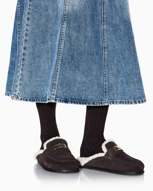 ARMANI EXCHANGE White Suede Clogs With Teddy Details
