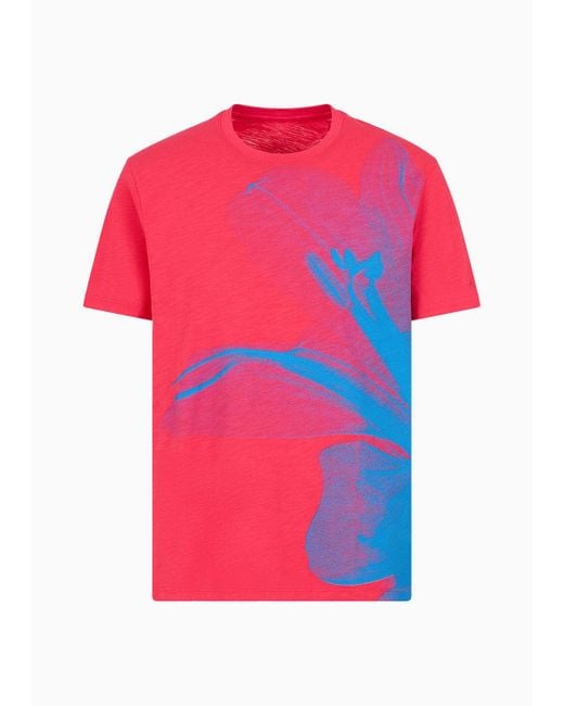 Armani Exchange Red Regular Fit Cotton T-shirt With Maxi Foliage Print for men