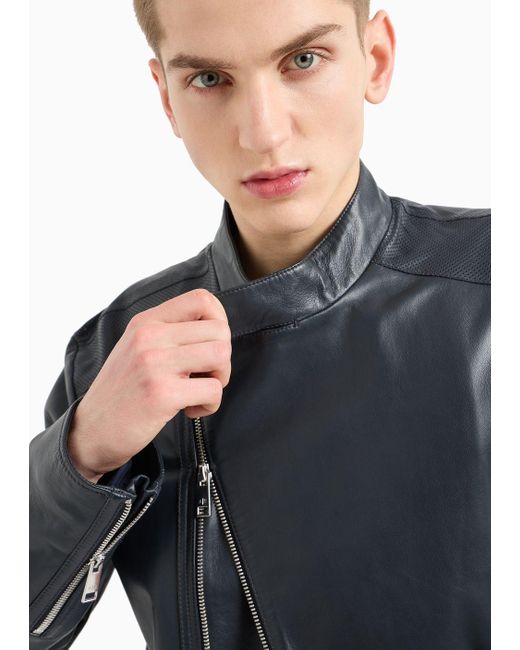 Armani Exchange Black Genuine Leather Biker Jacket for men