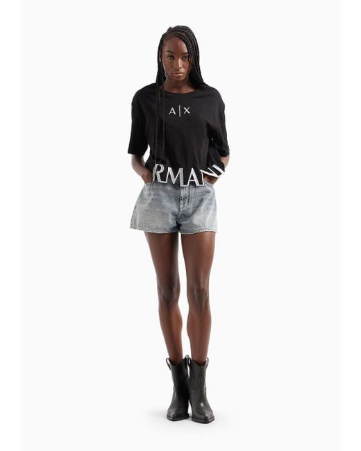 Armani Exchange Black Cropped Jersey T-shirt With Maxi Logo On The Profile