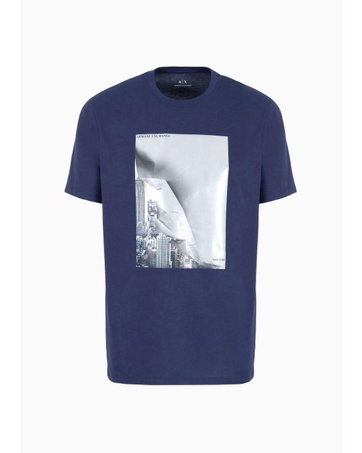 Armani Exchange Blue Regular Fit T-shirt In Cotton Jersey With Photographic Print for men