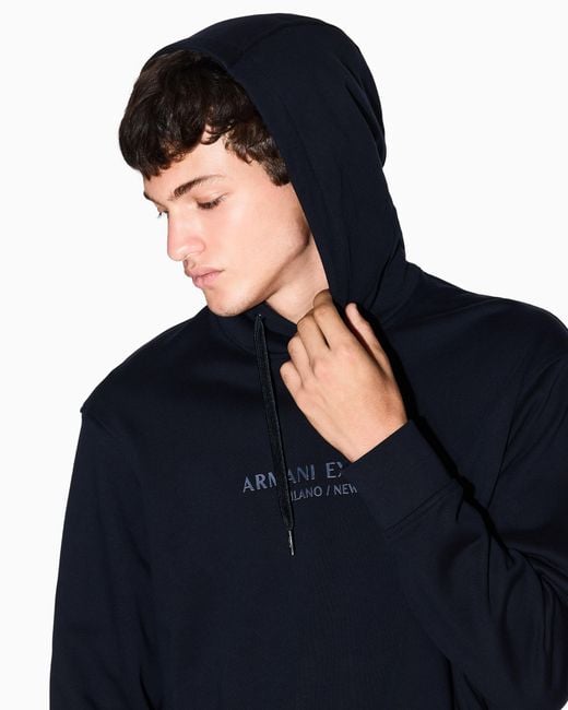 ARMANI EXCHANGE Blue Regular Fit French Terry Hoodie With A Logo Print Essential for men