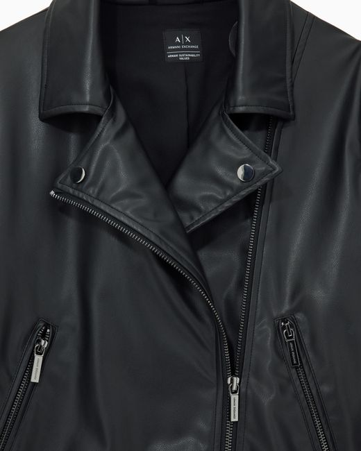 ARMANI EXCHANGE Black Faux Leather Coat With A Diagonal Zip Closure