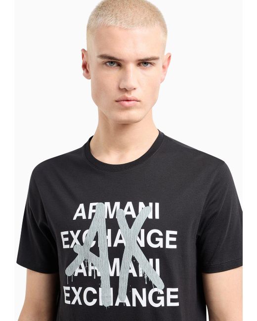 Armani Exchange Black Pima Cotton Jersey T-shirt With Prints On The Front for men