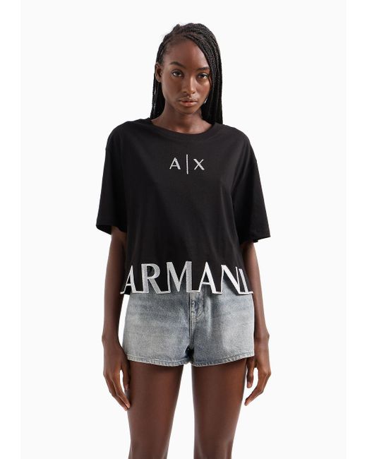 T-shirt Cropped In Jersey Con Maxi Logo Sul Profilo di Armani Exchange in Black