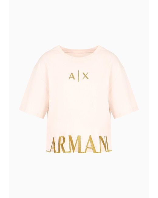 Armani Exchange Natural Cropped Jersey T-shirt With Maxi Logo On The Profile