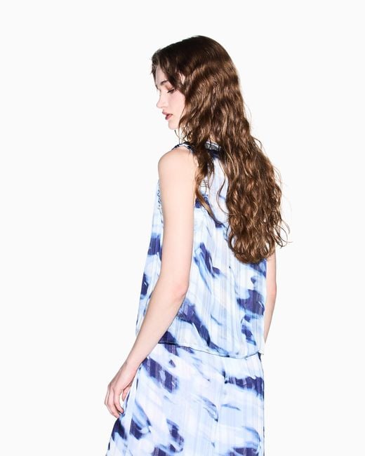 ARMANI EXCHANGE Blue Lightweight Georgette Top With Printed Stripes