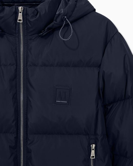 ARMANI EXCHANGE Blue Hooded Down Jacket With An Ultralight Quilted Design Icon for men