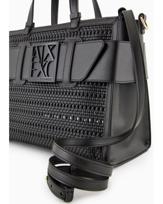 Armani Exchange Black Straw Tote Bag With Maxi Logo