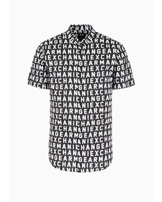 Armani Exchange Black Slim-fit Shirt With Short Sleeves In Patterned Cotton for men