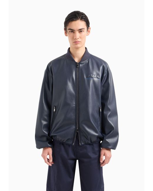 Armani Exchange Blue Coated Eco Leather Bomber Jacket for men