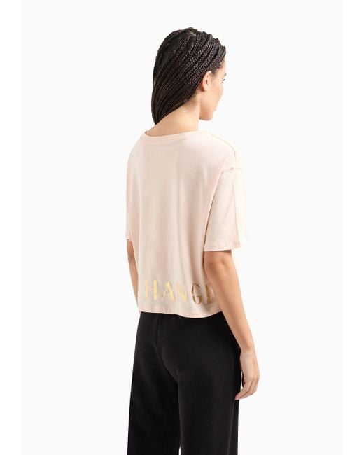 Armani Exchange Natural Cropped Jersey T-shirt With Maxi Logo On The Profile