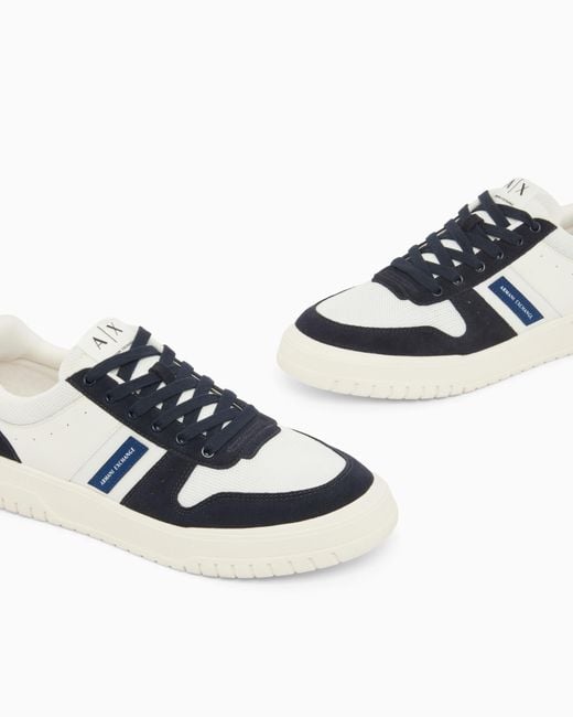 ARMANI EXCHANGE White Suede & Mesh Urban Runner Sneakers for men