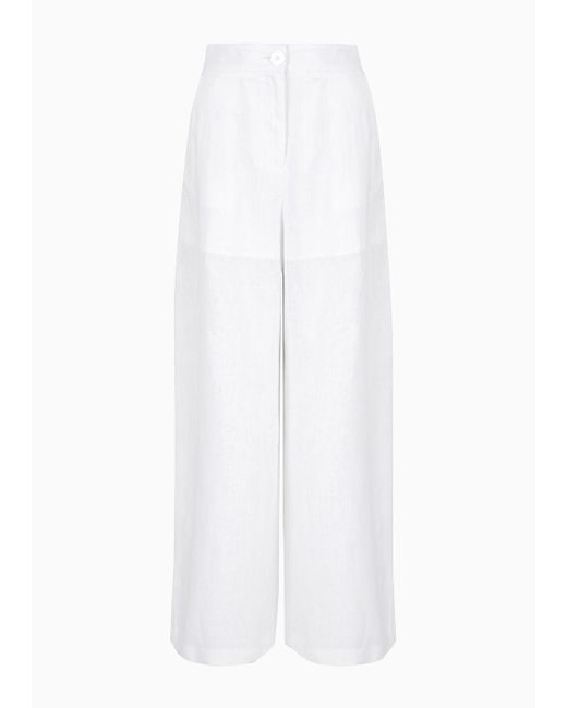 Armani Exchange White Palazzo Trousers In Linen And Cotton